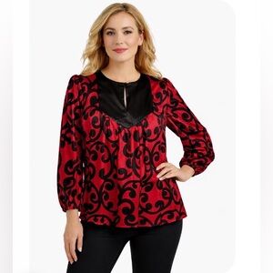 VTG Badgley Mishka Silk Blouse Small Balloon Long Sleeves Red Black Moire Scroll